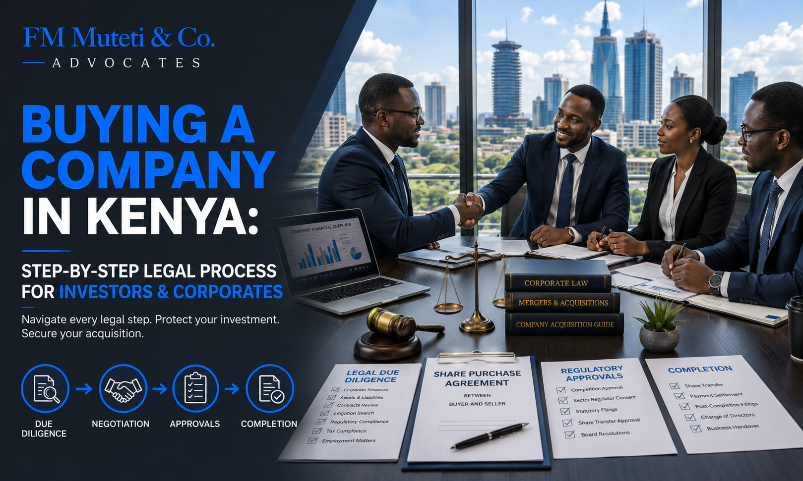 Explore the legal process for buying a company in Kenya, including due diligence, negotiations, agreements, approvals, completion, and investor protection today